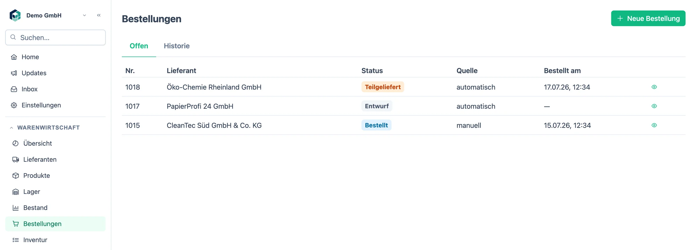 Bestellliste in Systra mit Status Teilgeliefert, Entwurf und Bestellt sowie automatischer und manueller Quelle